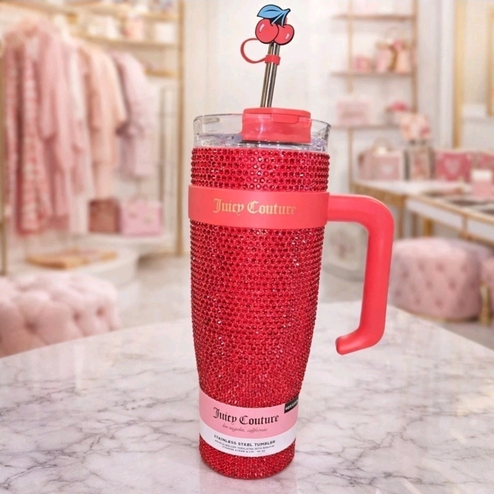 Juicy Couture Red Rhinestone Tumbler 40oz Handle Straw Bling  Stainless Steel